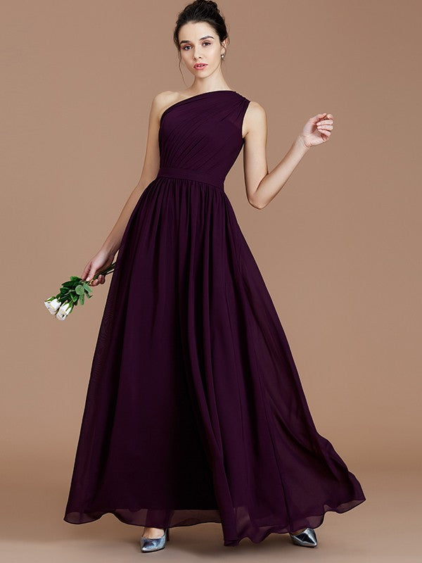 Wholesale A-Line/Princess One-Shoulder Sleeveless Ruched Floor-Length Chiffon Bridesmaid Dresses