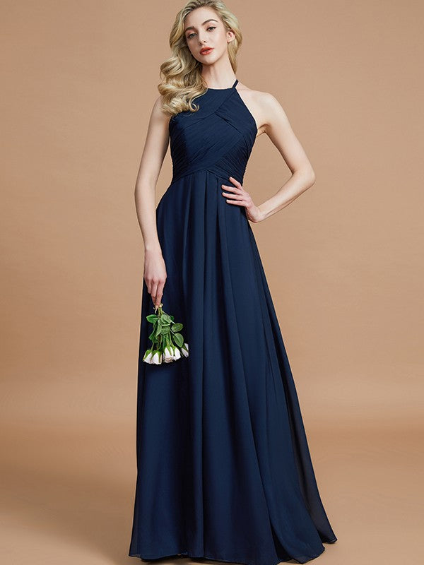 Wholesale A-Line/Princess Halter Sleeveless Ruched Floor-Length Chiffon Bridesmaid Dresses