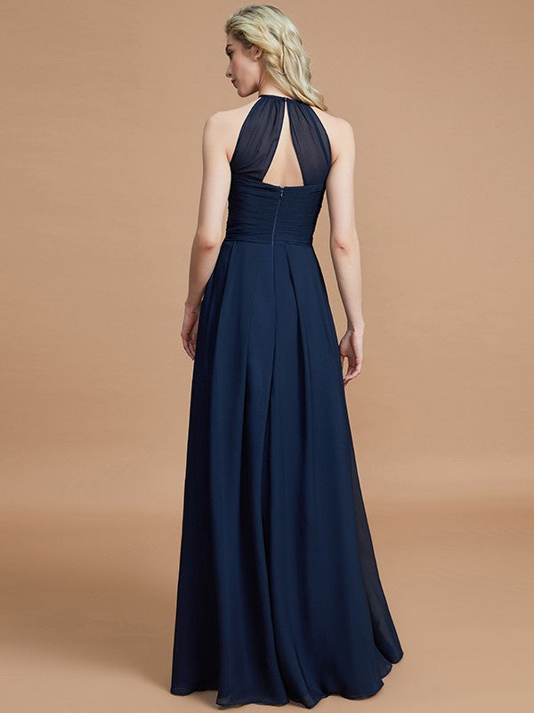 Wholesale A-Line/Princess Halter Sleeveless Ruched Floor-Length Chiffon Bridesmaid Dresses