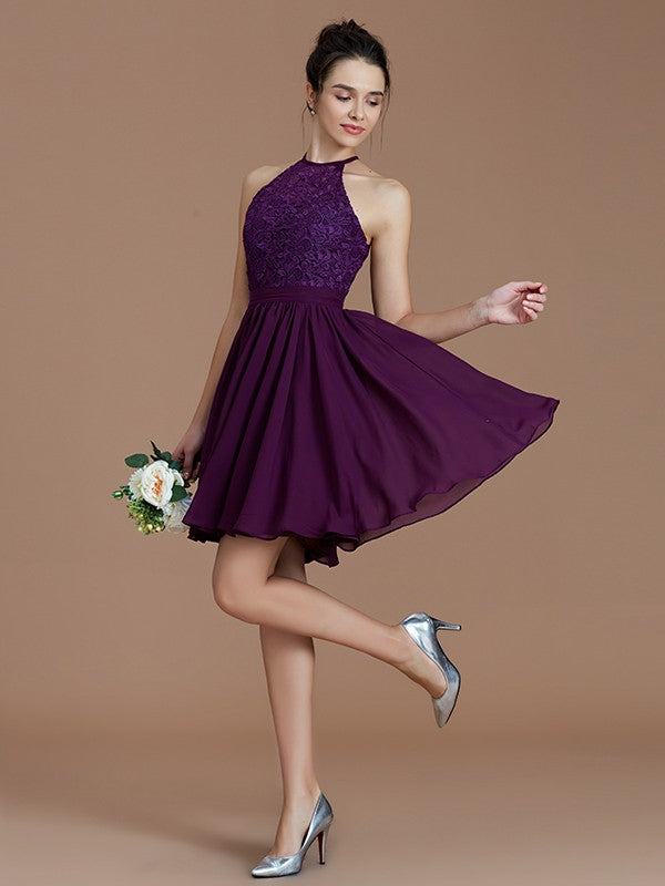 Wholesale A-Line/Princess Halter Sleeveless Lace Short/Mini Chiffon Bridesmaid Dresses
