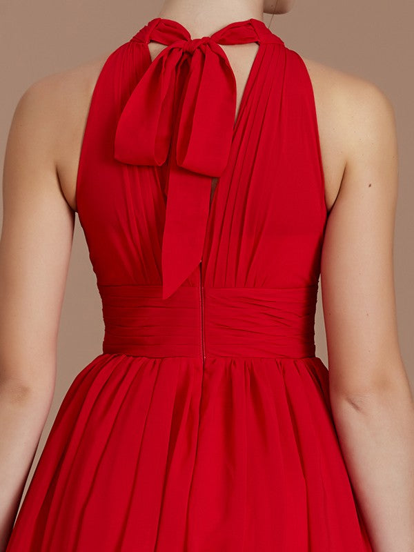 Wholesale A-Line/Princess Halter Sleeveless Ruched Floor-Length Chiffon Bridesmaid Dresses