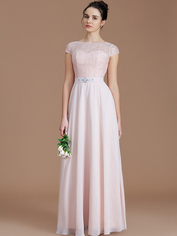 Wholesale A-Line/Princess Bateau Sleeveless Lace Floor-Length Chiffon Bridesmaid Dresses