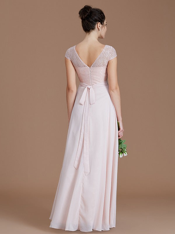 Wholesale A-Line/Princess Bateau Sleeveless Lace Floor-Length Chiffon Bridesmaid Dresses