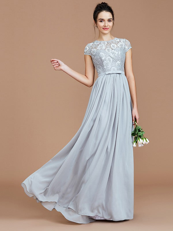 Wholesale A-Line/Princess Jewel Short Sleeves Lace Floor-Length Chiffon Bridesmaid Dresses