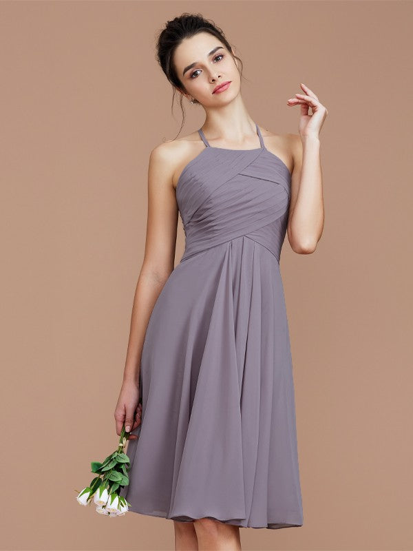 Wholesale A-Line/Princess Halter Sleeveless Ruched Short/Mini Chiffon Bridesmaid Dresses