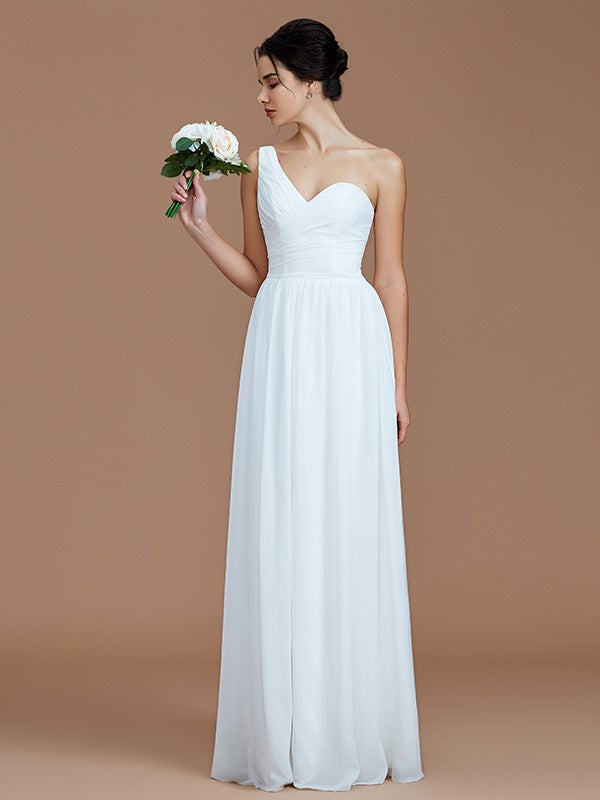 Wholesale A-Line/Princess One-Shoulder Sleeveless Ruched Floor-Length Chiffon Bridesmaid Dresses