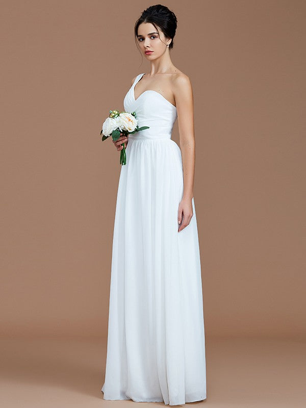 Wholesale A-Line/Princess One-Shoulder Sleeveless Ruched Floor-Length Chiffon Bridesmaid Dresses