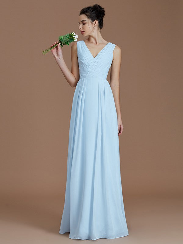 Wholesale A-Line/Princess V-neck Sleeveless Ruched Floor-Length Chiffon Bridesmaid Dresses