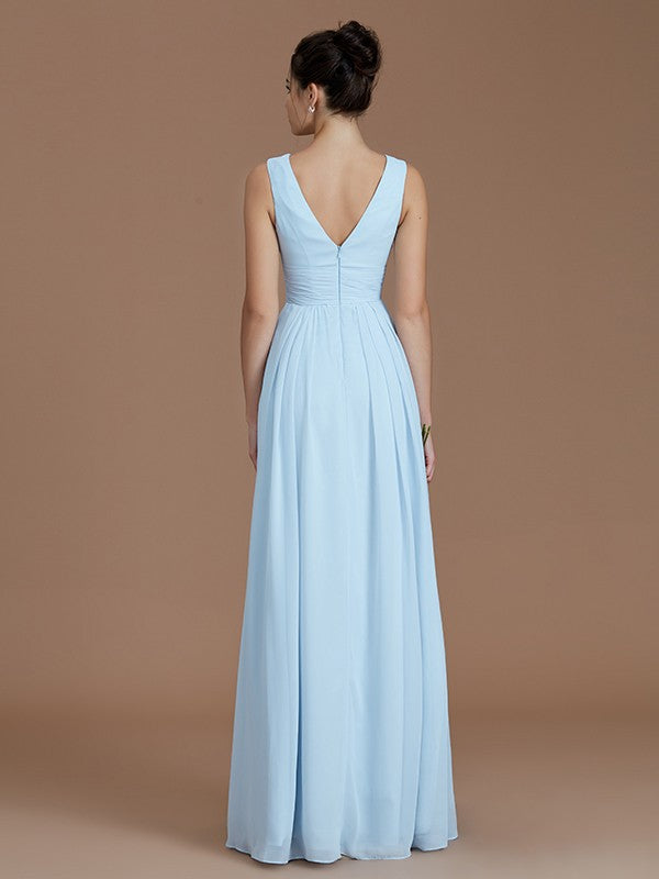 Wholesale A-Line/Princess V-neck Sleeveless Ruched Floor-Length Chiffon Bridesmaid Dresses