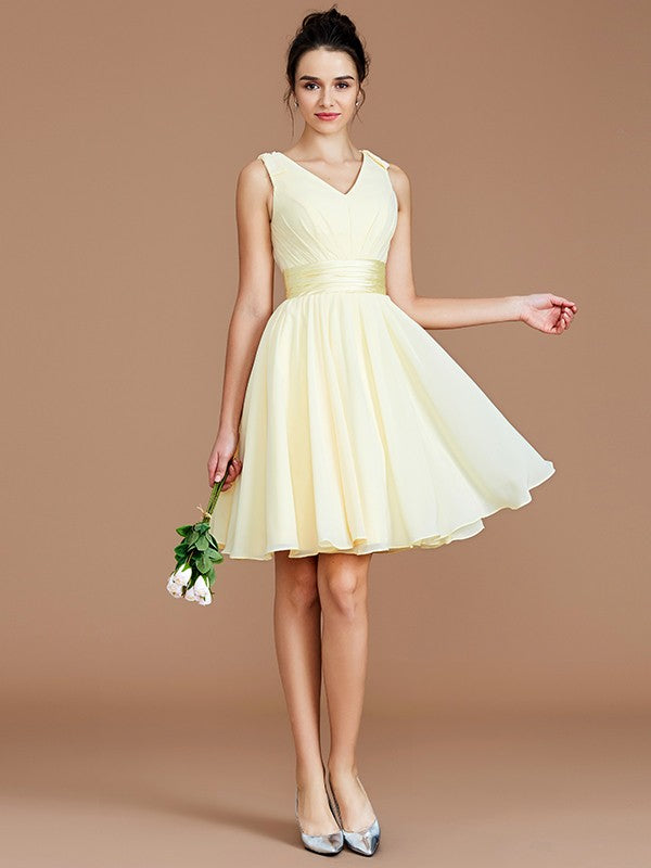 Wholesale A-Line/Princess V-neck Sleeveless Sash/Ribbon/Belt Short/Mini Chiffon Bridesmaid Dresses