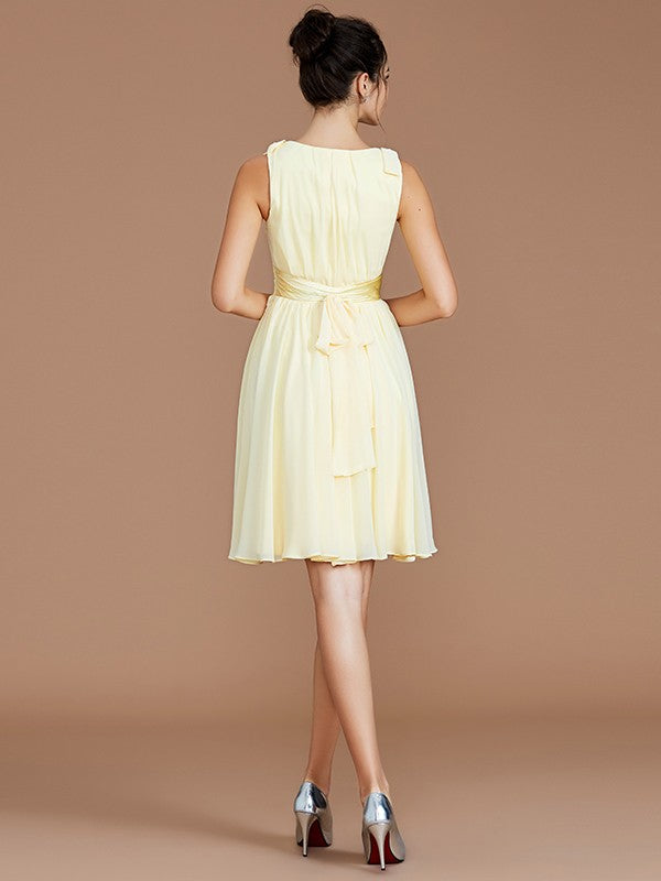 Wholesale A-Line/Princess V-neck Sleeveless Sash/Ribbon/Belt Short/Mini Chiffon Bridesmaid Dresses