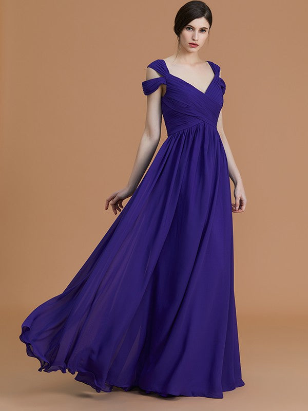 Wholesale A-Line/Princess Off-the-Shoulder Sleeveless Floor-Length Ruched Chiffon Bridesmaid Dresses