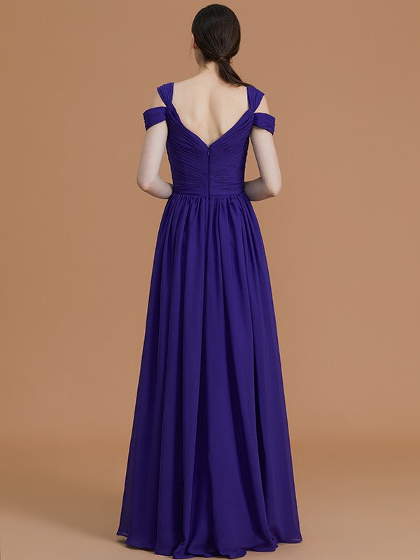 Wholesale A-Line/Princess Off-the-Shoulder Sleeveless Floor-Length Ruched Chiffon Bridesmaid Dresses