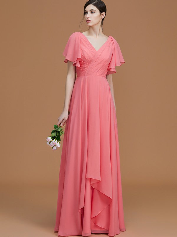 Wholesale A-Line/Princess V-neck Short Sleeves Floor-Length Ruched Chiffon Bridesmaid Dresses