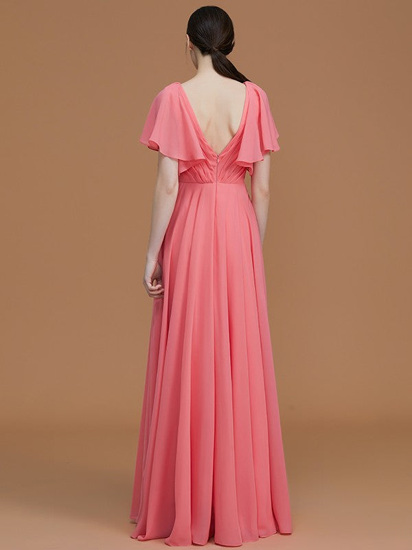 Wholesale A-Line/Princess V-neck Short Sleeves Floor-Length Ruched Chiffon Bridesmaid Dresses