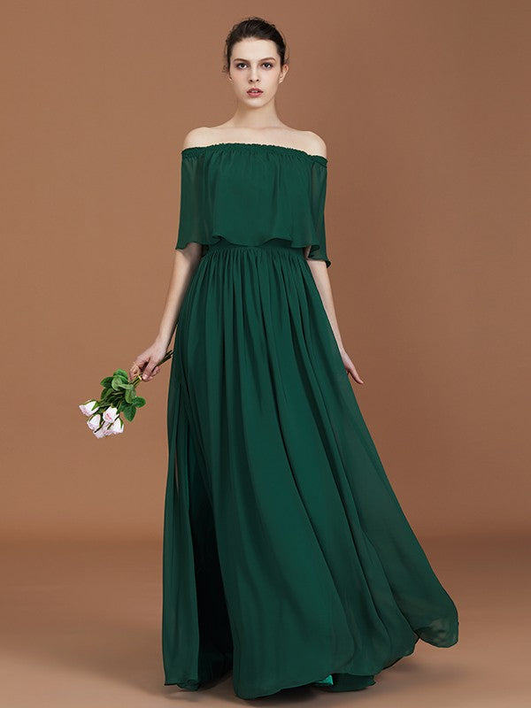 Wholesale A-Line/Princess Pleats Off-the-Shoulder Floor-Length Chiffon Bridesmaid Dress
