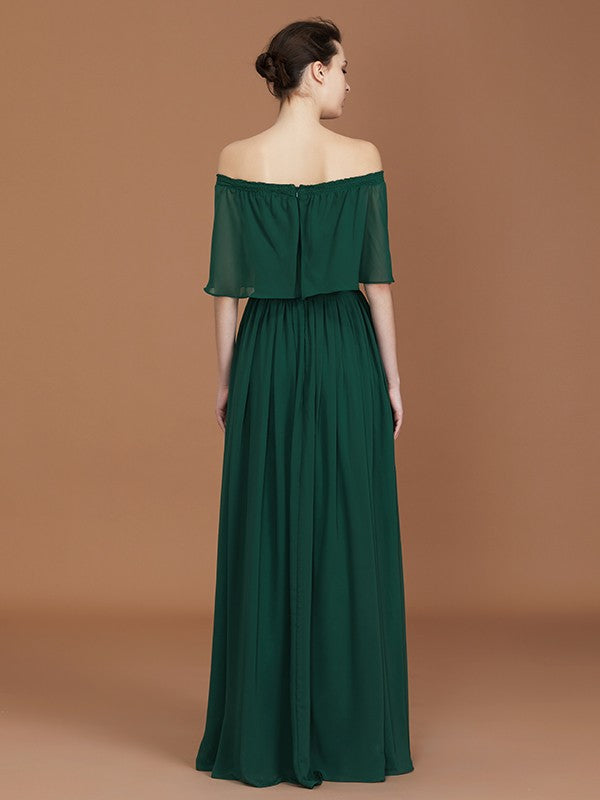Wholesale A-Line/Princess Pleats Off-the-Shoulder Floor-Length Chiffon Bridesmaid Dress