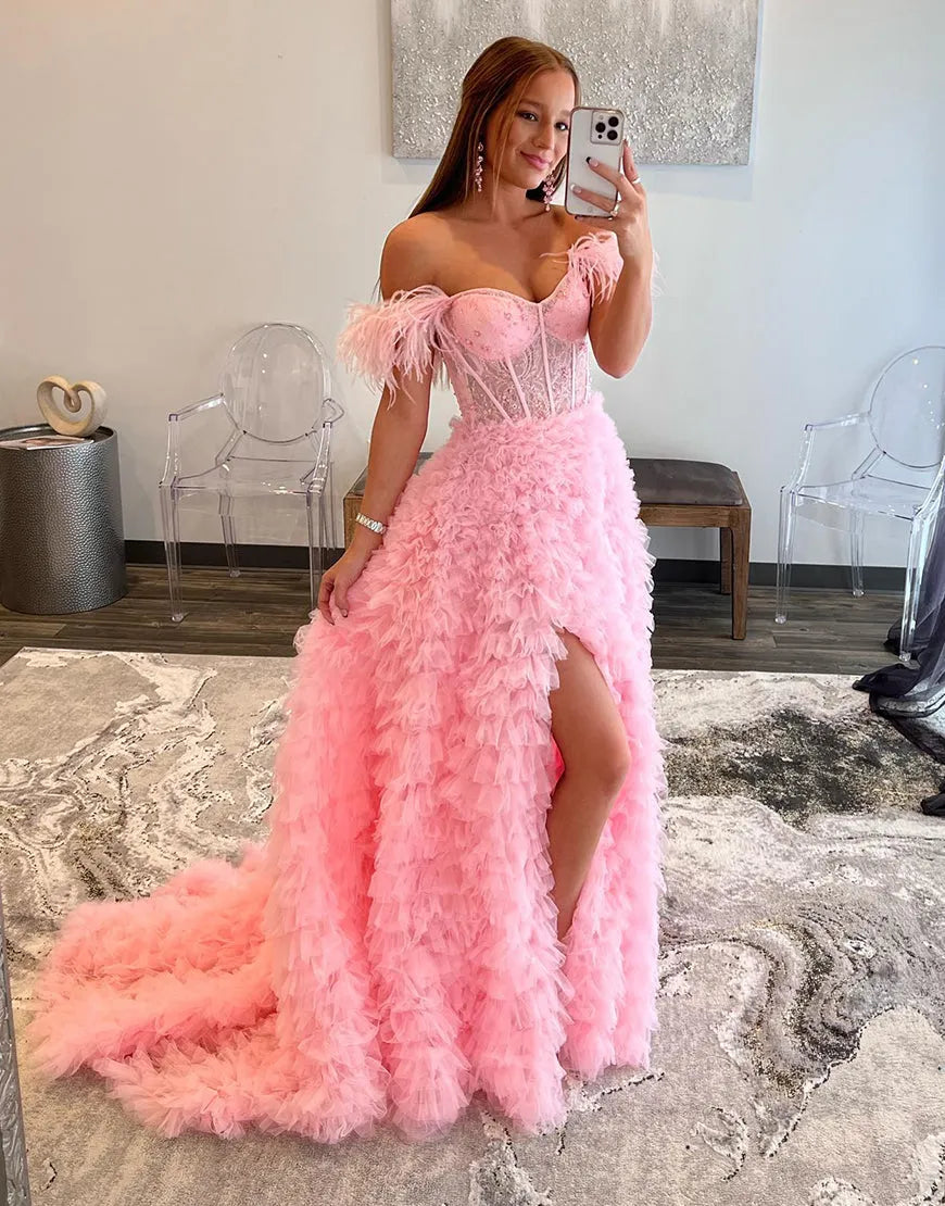 Wholesale Sexy A-line Tiered Off-the-Shoulder Prom Dress Evening Dress prom dresses with long sleeves