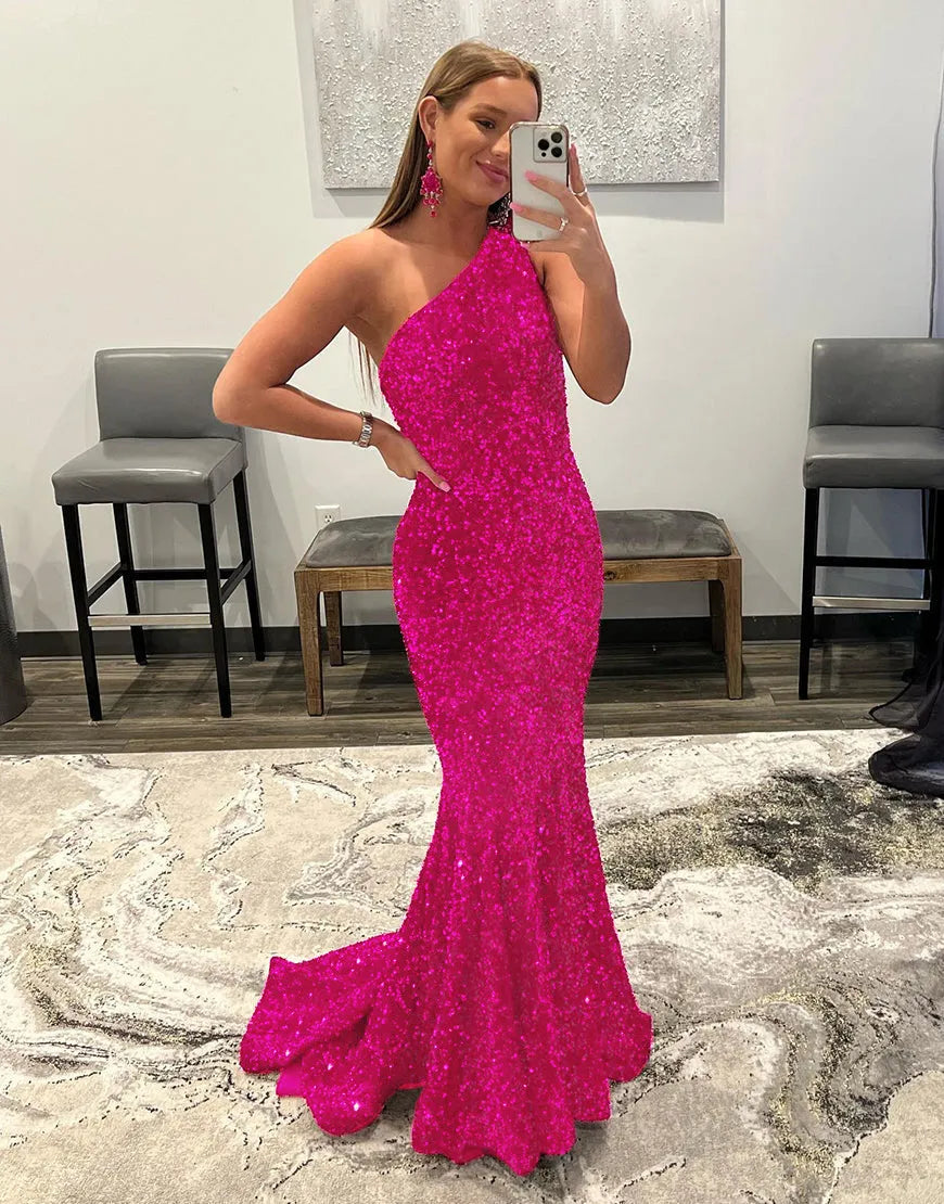 Wholesale Mermaid Glitter Sexy One-Shoulder Long Prom Dress With Sequins prom dresses with long sleeves