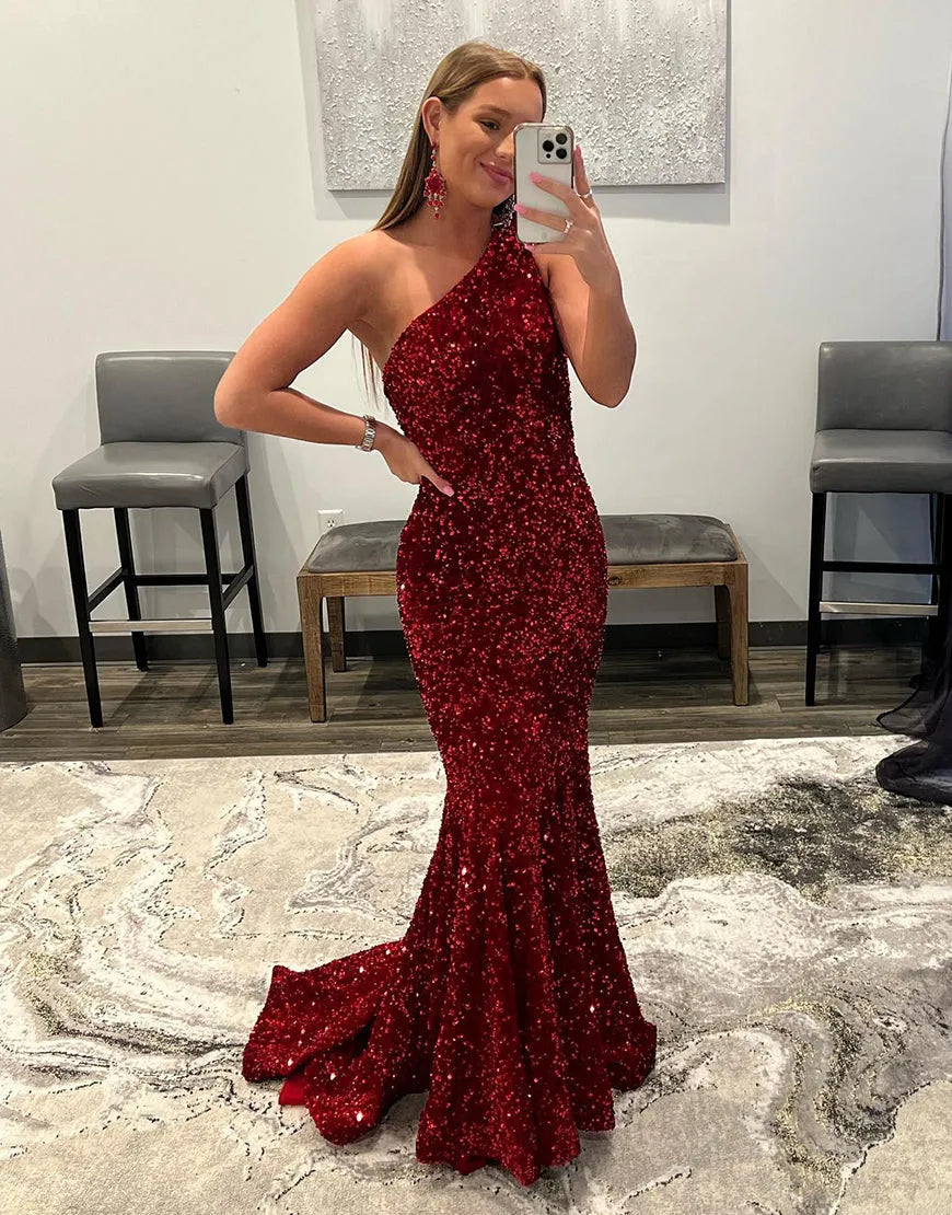 Wholesale Mermaid Glitter Sexy One-Shoulder Long Prom Dress With Sequins prom dresses with long sleeves
