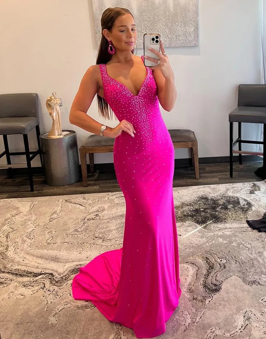 Wholesale Mermaid Hot Pink Beaded V Neck Long Prom Dress prom dresses with long sleeves