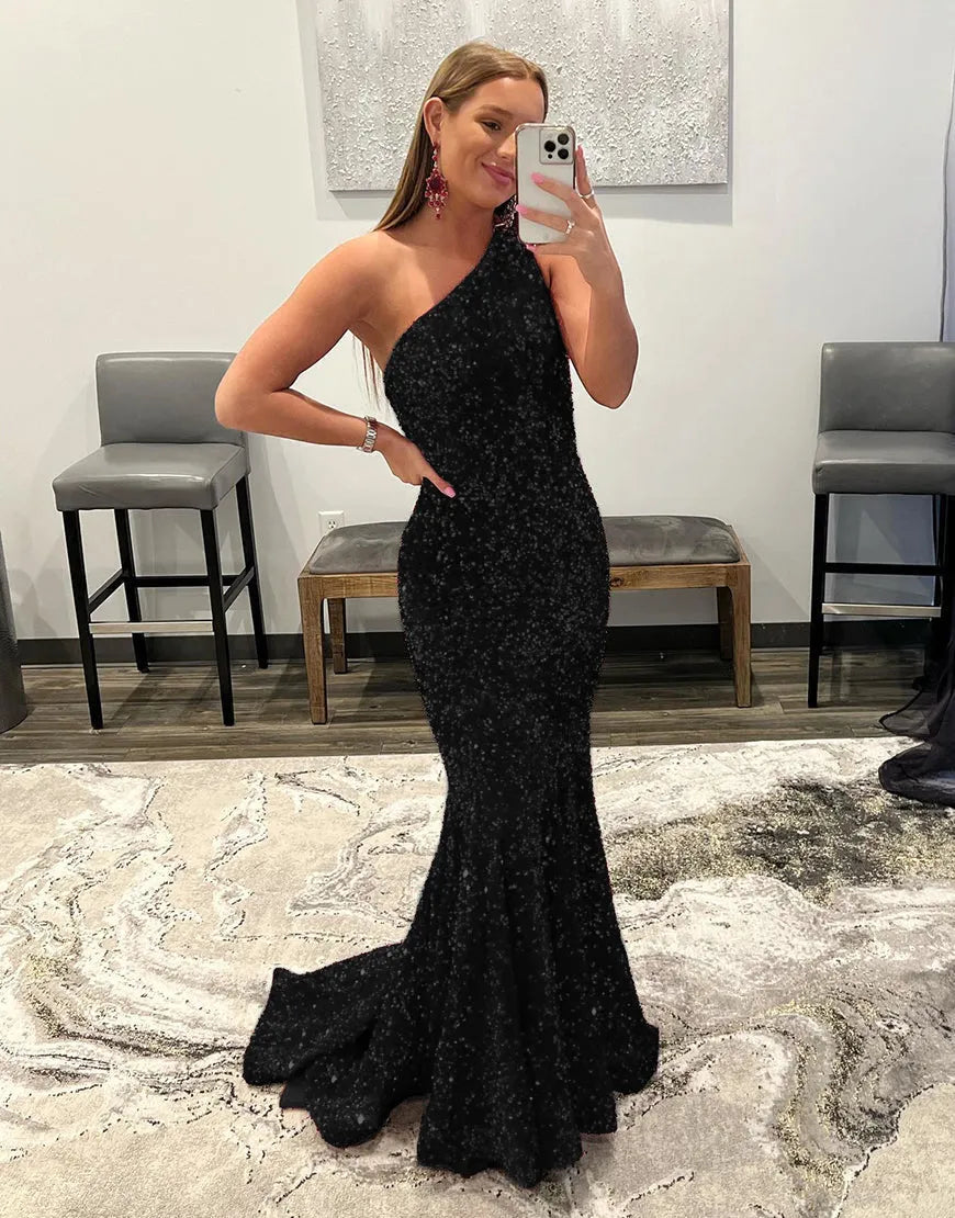 Wholesale Mermaid Glitter Sexy One-Shoulder Long Prom Dress With Sequins prom dresses with long sleeves