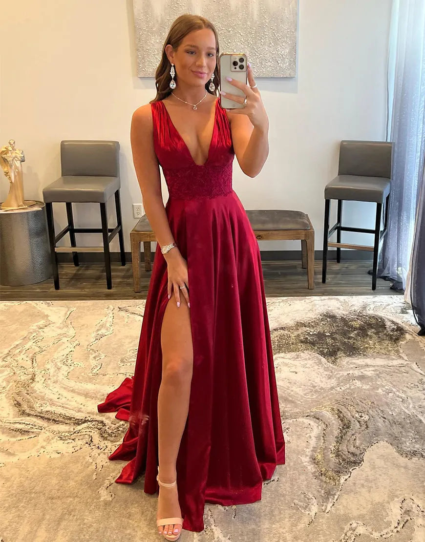 Wholesale A-line Classic Deep V Neck Satin Long Prom Dress With Slit prom dresses with long sleeves