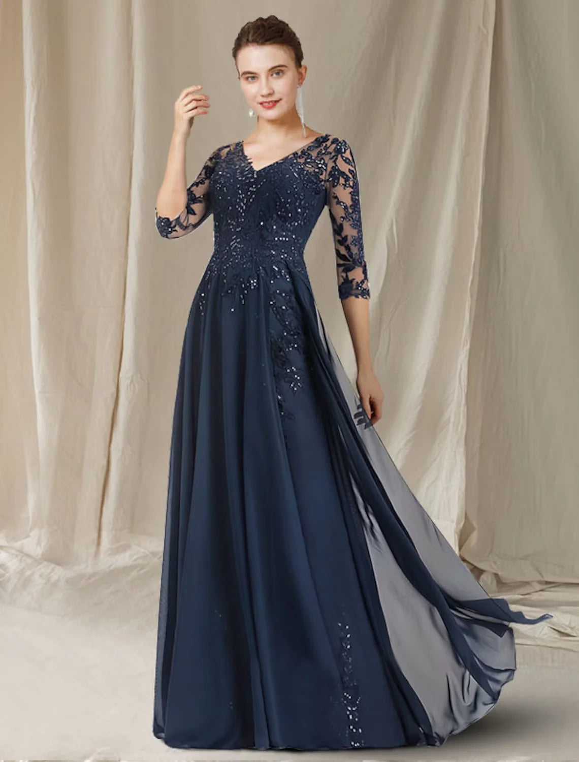 Wholesale A-Line Mother of the Bride Dress Elegant V Neck Floor Length Chiffon Lace Sequined Half Sleeve with Sequin Appliques