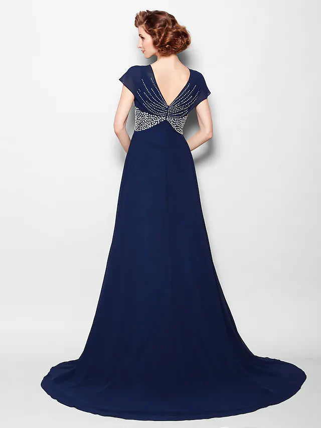 Wholesale A-Line Mother of the Bride Dress V Neck Court Train Georgette Short Sleeve with Beading Sequin