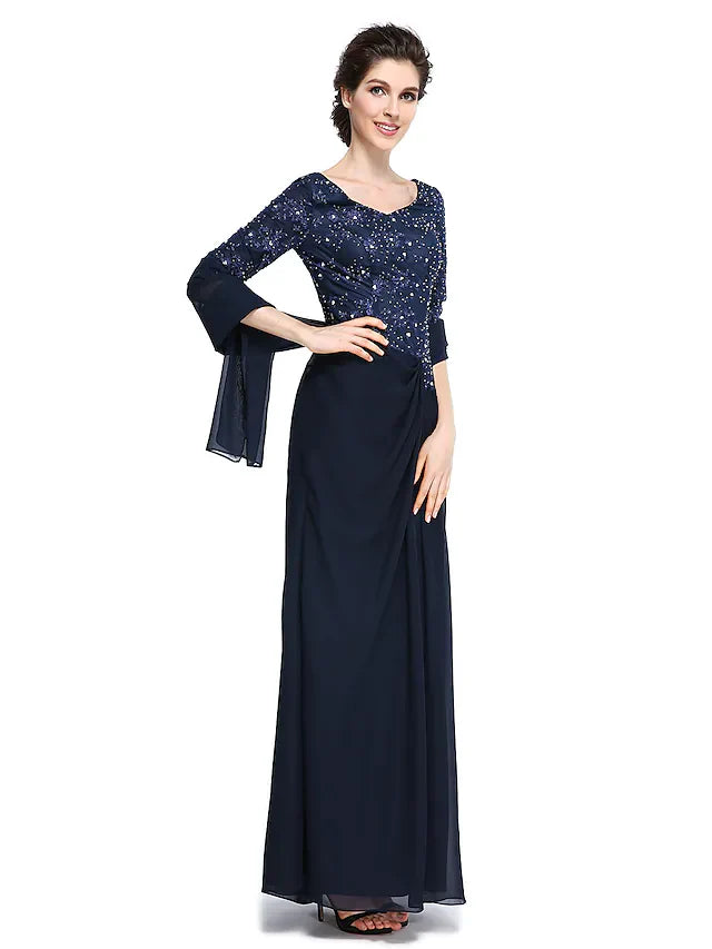 Wholesale Mother of the Bride Dress Elegant V Neck Ankle Length Chiffon Lace Half Sleeve with Lace