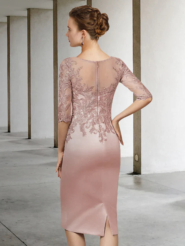 Wholesale Mother of the Bride Dress Elegant Jewel Neck Knee Length Lace Satin Length Sleeve with Appliques