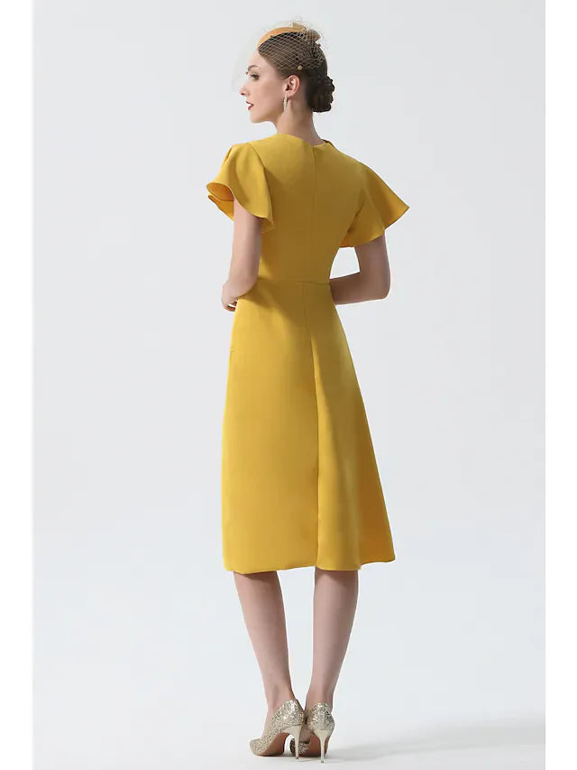 Wholesale Mother of the Bride Dress Elegant Cowl Neck Knee Length Stretch Satin Short Sleeve with Ruching