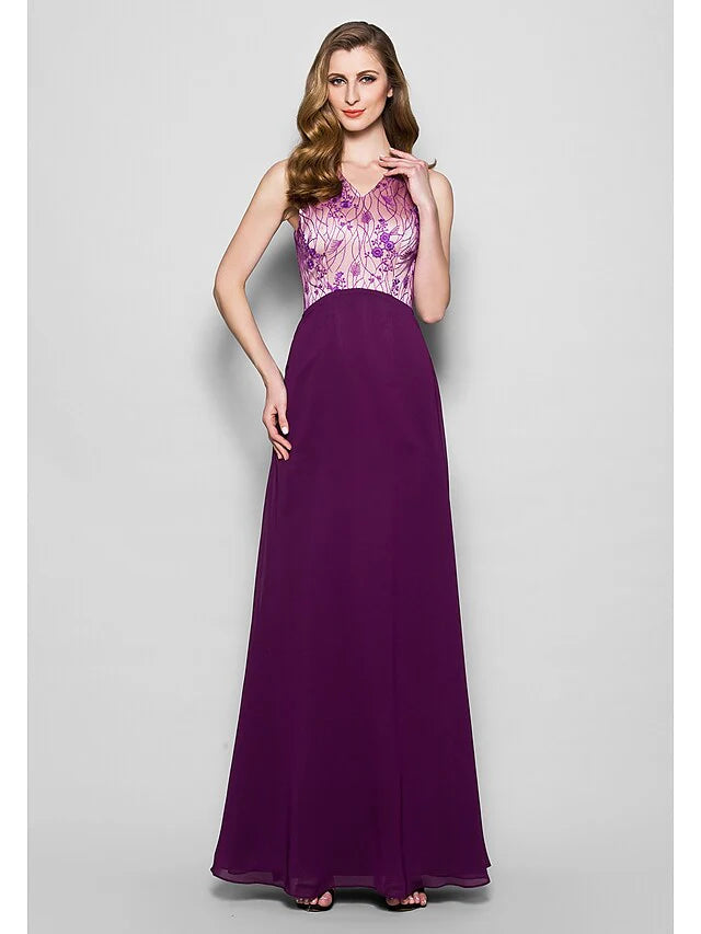 Wholesale A-Line Mother of the Bride Dress Wrap Included V Neck Floor Length Chiffon Satin Sleeveless with Lace Bow(s)