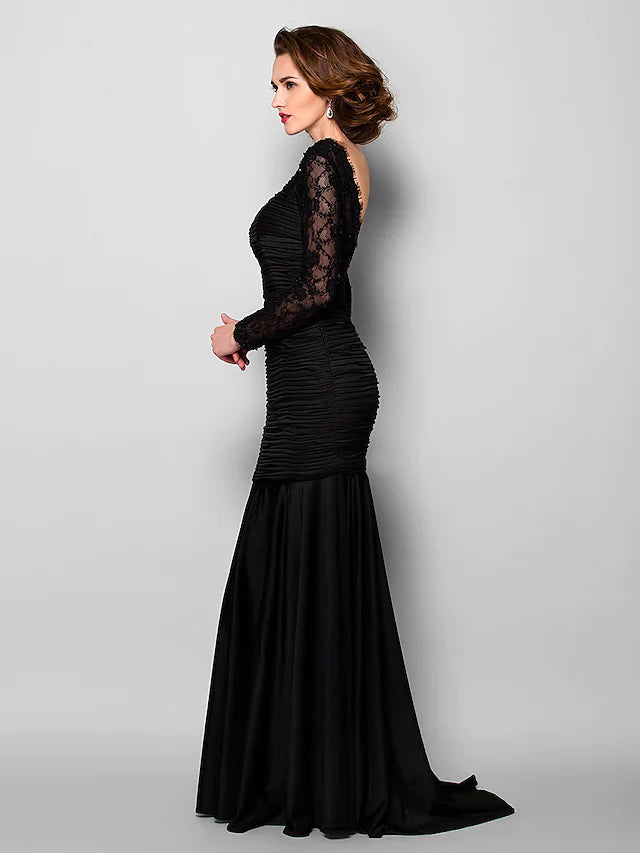 Wholesale Mother of the Bride Dress Beautiful Back Jewel Neck Lace Jersey Long Sleeve with Lace Ruched Beading