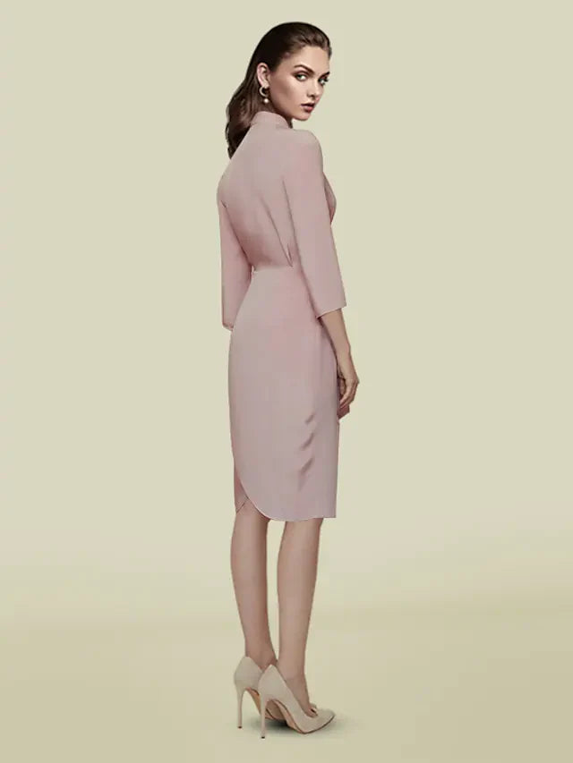 Wholesale Mother of the Bride Dress Elegant V Neck Knee Length Charmeuse Length Sleeve with Sash Ribbon Pleats