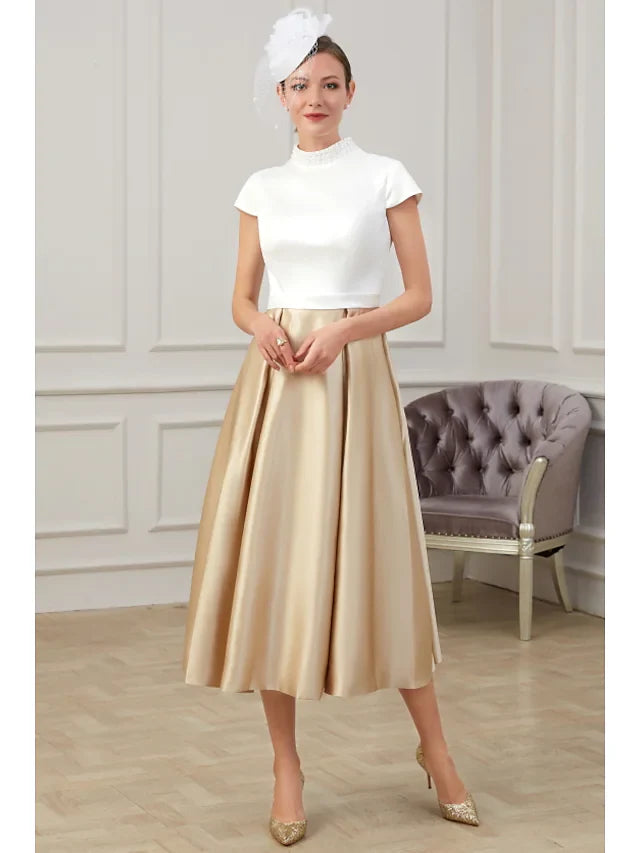 Wholesale A-Line Mother of the Bride Dress Elegant High Neck Tea Length Polyester Short Sleeve with Pleats Ruching
