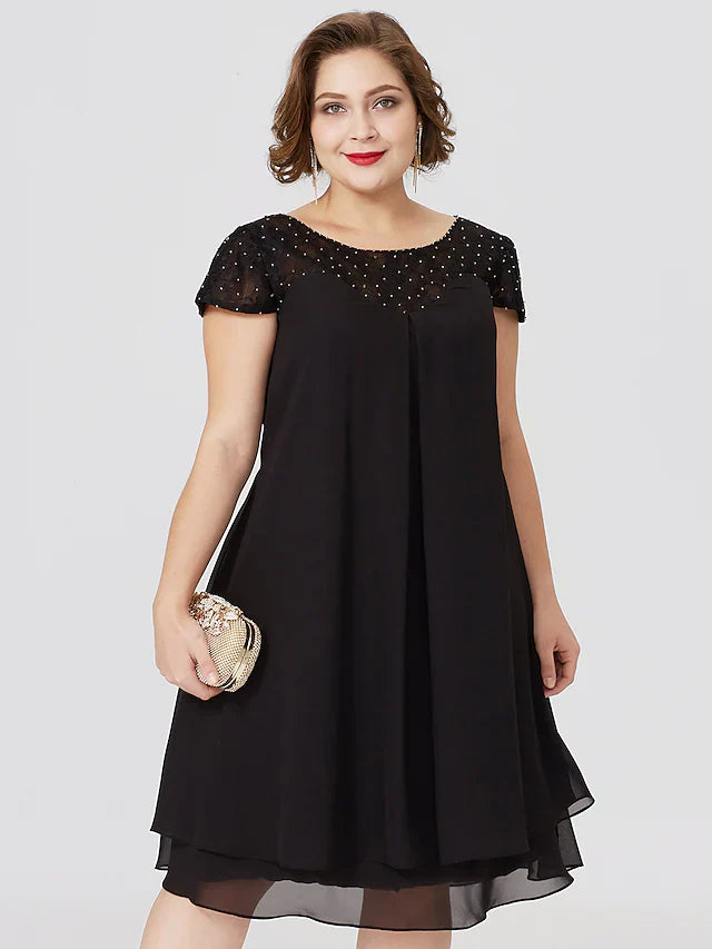 Wholesale Mother of the Bride Dress Little Black Dress Plus Size See Through Jewel Neck Knee Length Chiffon Lace Short Sleeve with Pleats Beading Lace Insert