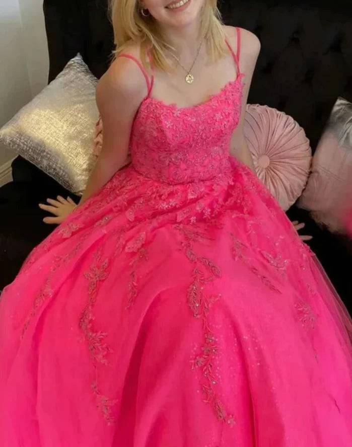 Wholesale Hot Pink A Line Lace Appliques Spaghetti Straps Prom Dress