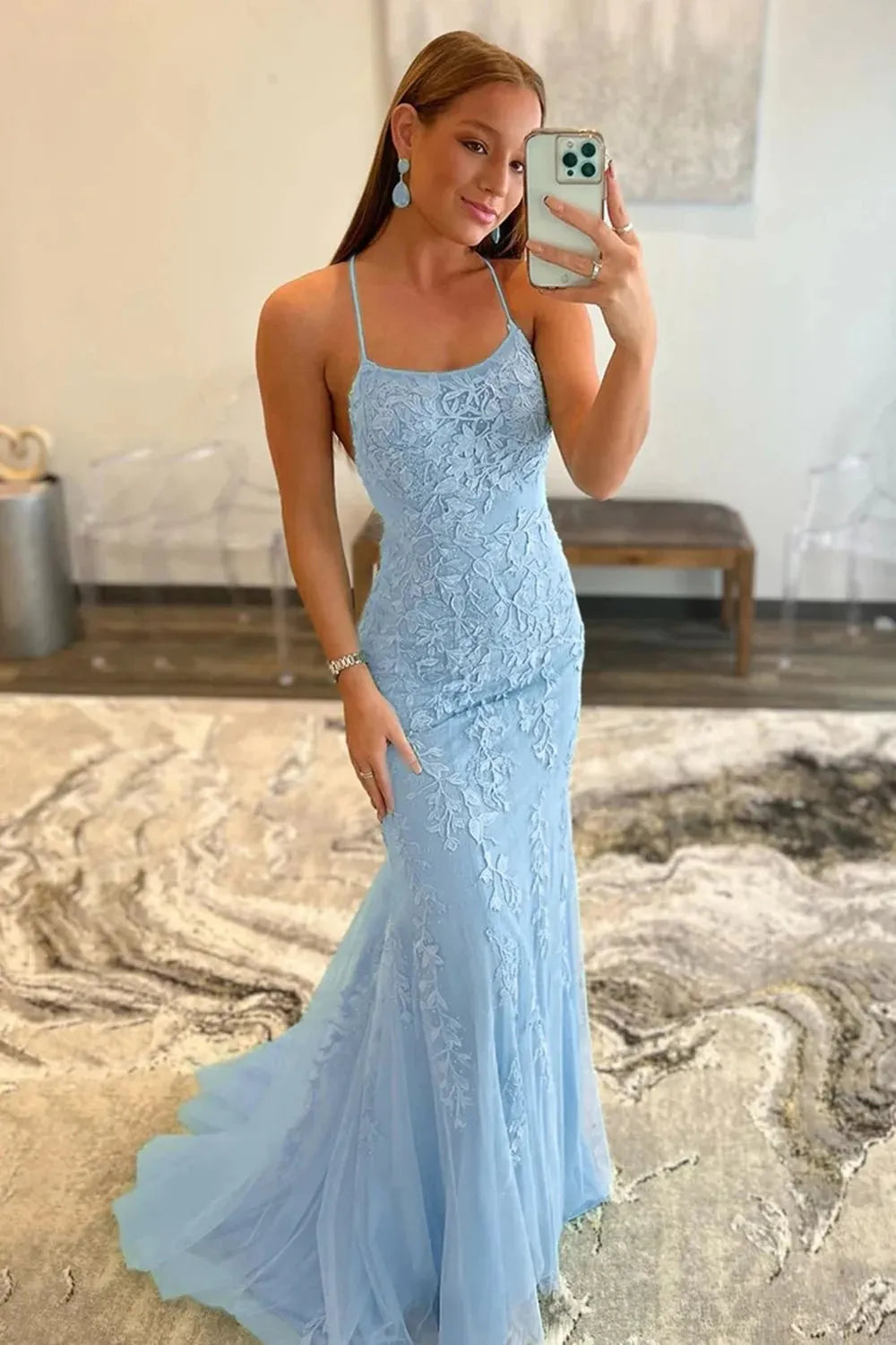 Wholesale Mermaid Blue Long Prom Dress Backless Evening Dress