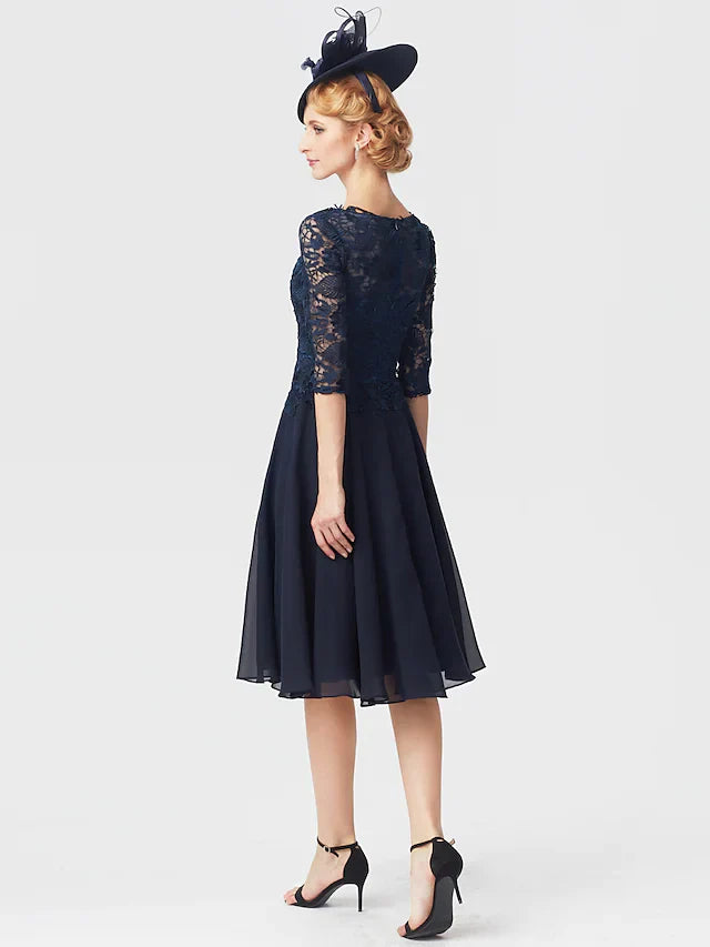 Wholesale Mother of the Bride Dress Elegant V Neck Knee Length Chiffon Sheer Lace Half Sleeve with Lace