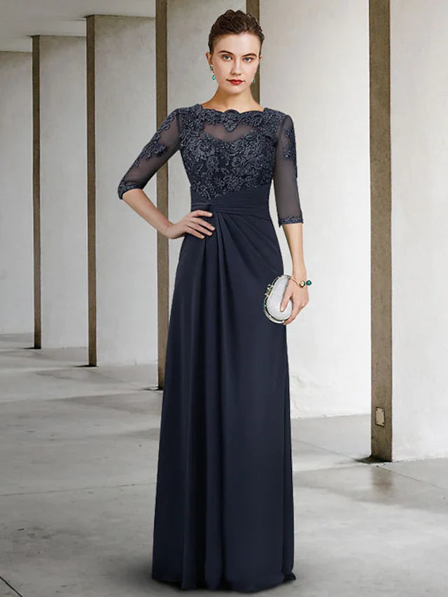 Wholesale Mother of the Bride Dress Elegant Jewel Neck Floor Length Chiffon Lace Half Sleeve with Pleats Appliques