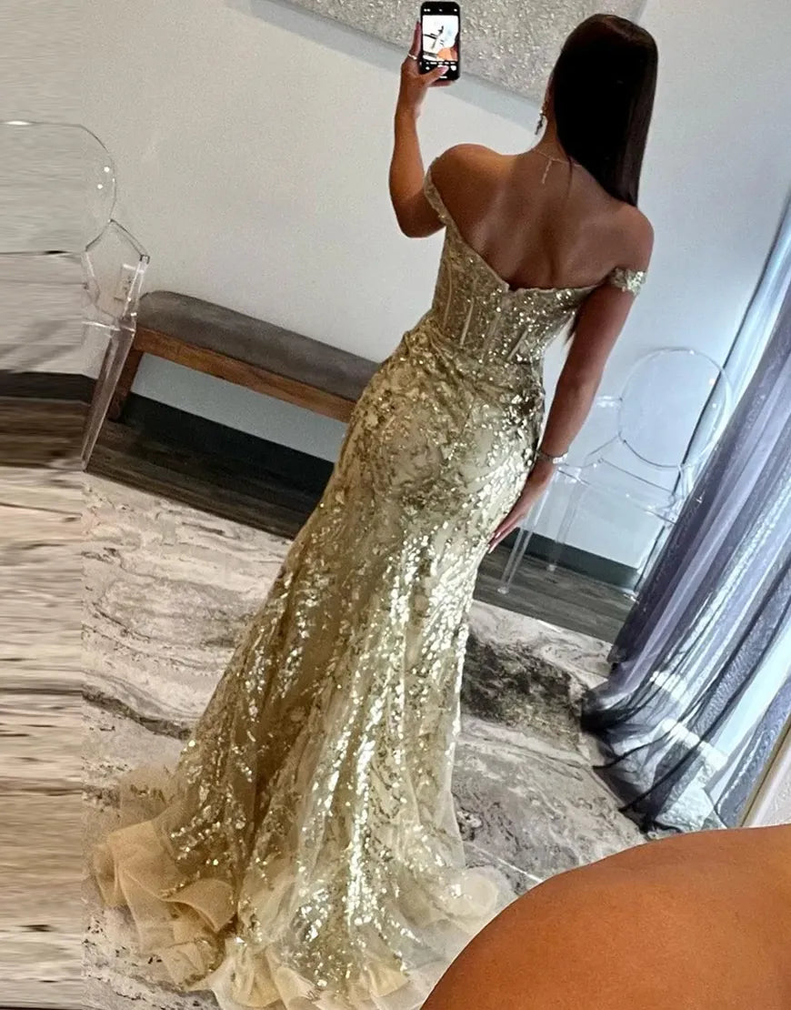 Wholesale Golden Sparkly Off The Shoulder Mermaid Long Prom Dress with Slit prom dresses with long sleeves