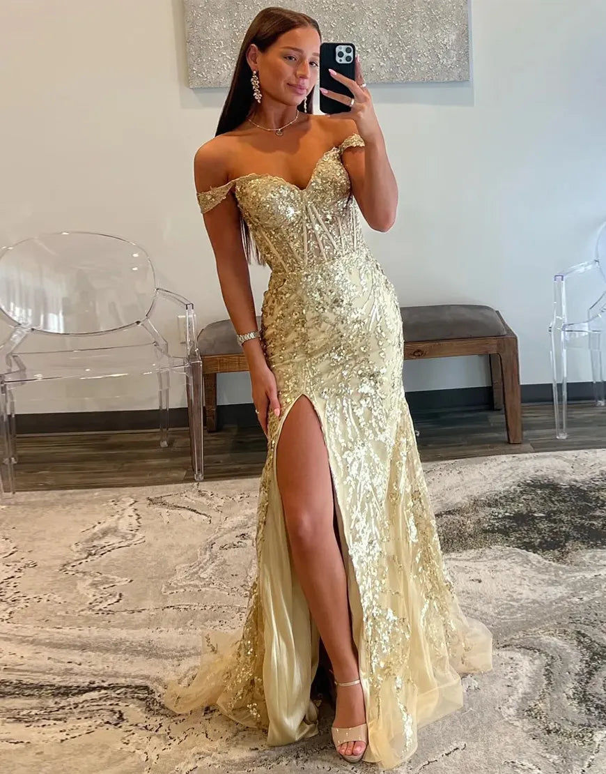 Wholesale Golden Sparkly Off The Shoulder Mermaid Long Prom Dress with Slit prom dresses with long sleeves