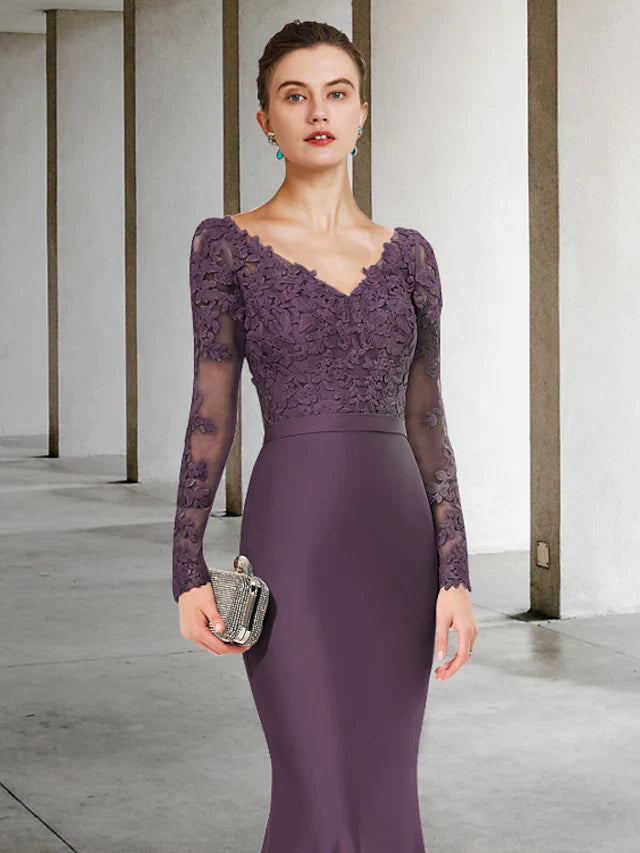 Wholesale Mother of the Bride Dress Elegant V Neck Chiffon Lace Long Sleeve with Appliques