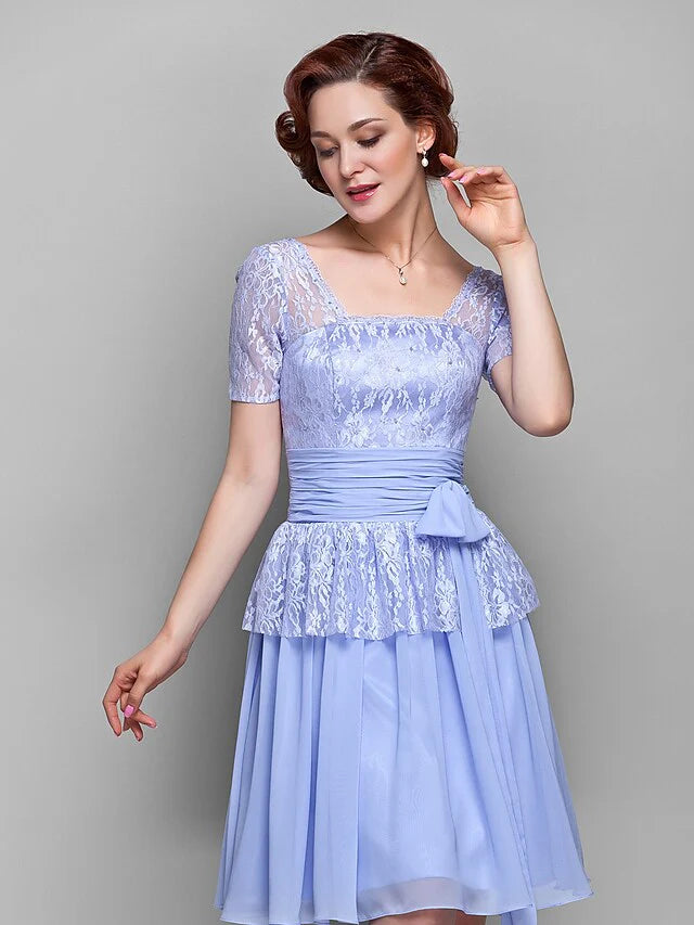 Wholesale A-Line Mother of the Bride Dress Square Neck Knee Length Chiffon Lace Short Sleeve with Lace Bow(s) Ruched