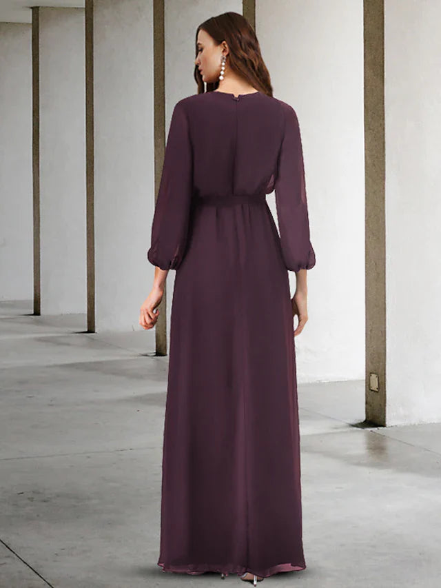 Wholesale A-Line Mother of the Bride Dress Elegant V Neck Floor Length Chiffon Long Sleeve with Split Front