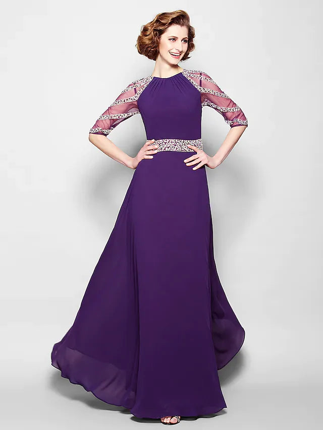Wholesale A-Line Mother of the Bride Dress See Through Jewel Neck Floor Length Tulle Georgette Half Sleeve with Sash Ribbon Crystals Beading