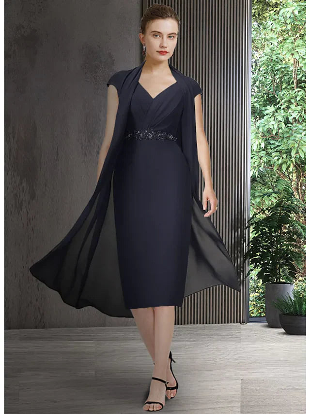 Wholesale Mother of the Bride Dress Elegant V Neck Knee Length Chiffon Short Sleeve with Sash Ribbon