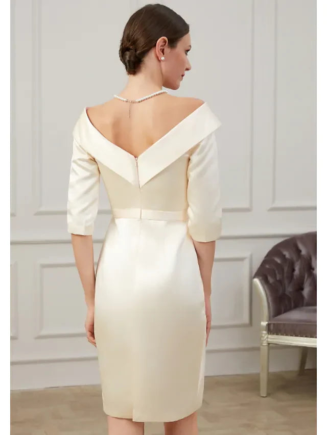 Wholesale Mother of the Bride Dress Plus Size Off Shoulder Knee Length Polyester Half Sleeve with Ruffles Ruching