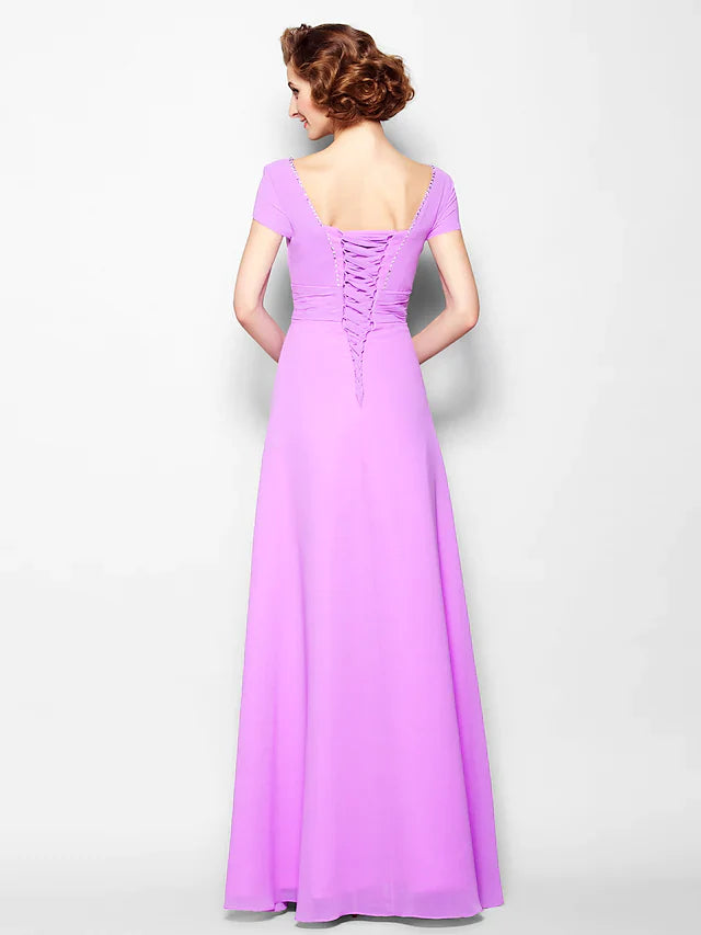 Wholesale A-Line Mother of the Bride Dress Lace Up Square Neck Floor Length Georgette Short Sleeve with Ruched Beading
